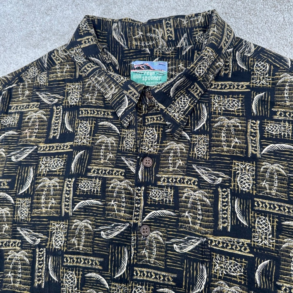 Reyn Spooner Hawaiian Shirt Mens XXL 2XL Black Tan Tropical Rayon Button Down